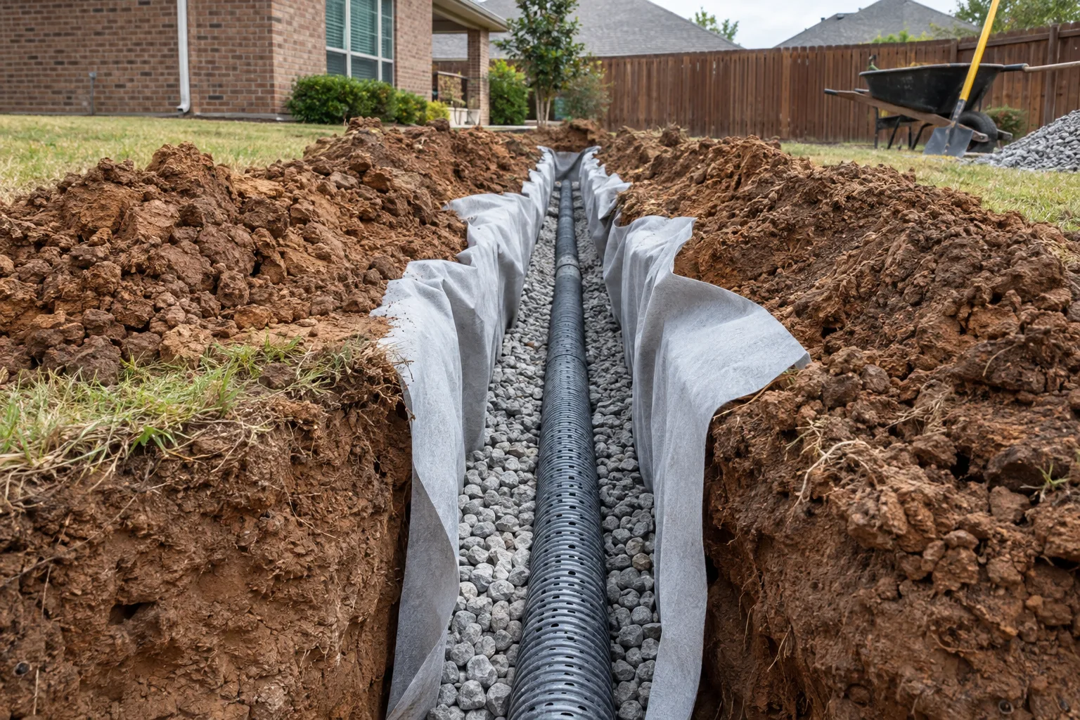Partially installed French drain showing perforated pipe, washed gravel and geotextile in a residential yard trench.