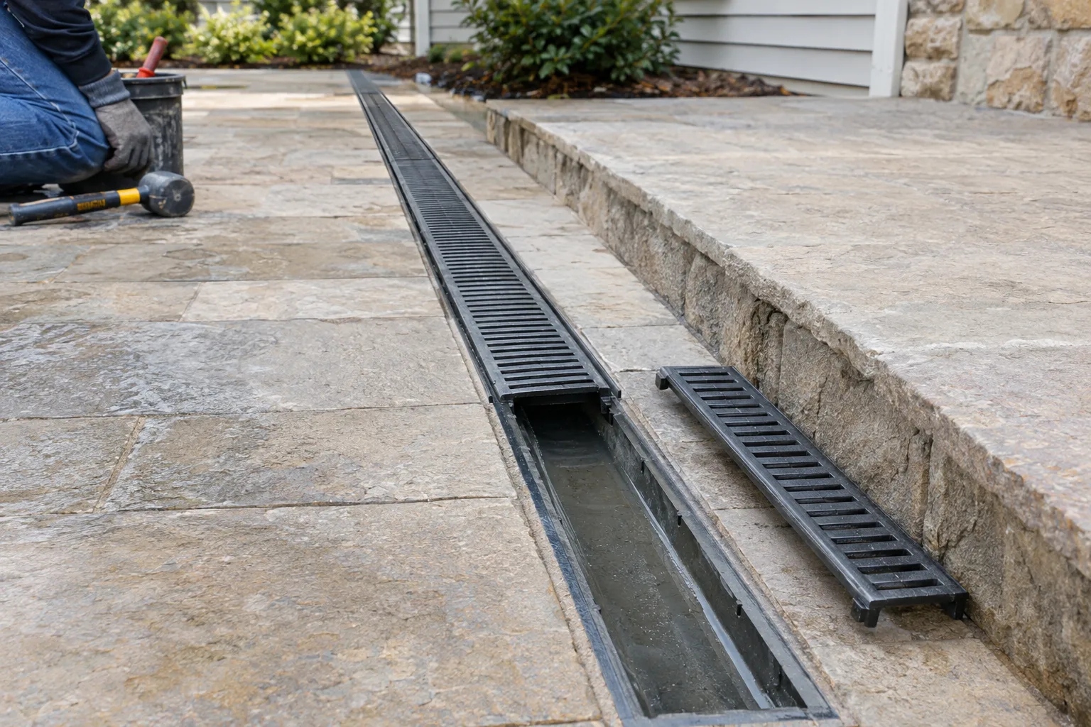 Linear channel drain with one grate removed beside a paved patio.